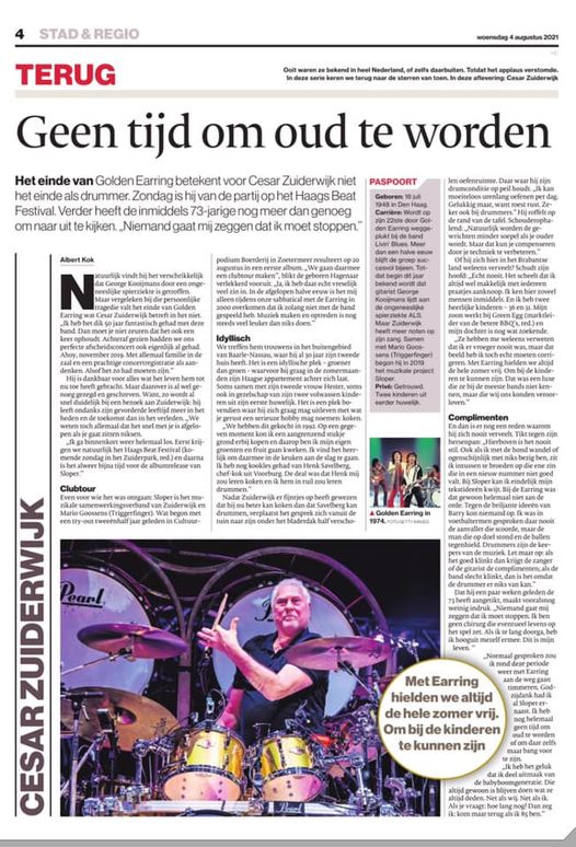 AD Newspaper article August 04 2021 Cesar Zuiderwijk: Geen tijd om oud te worden